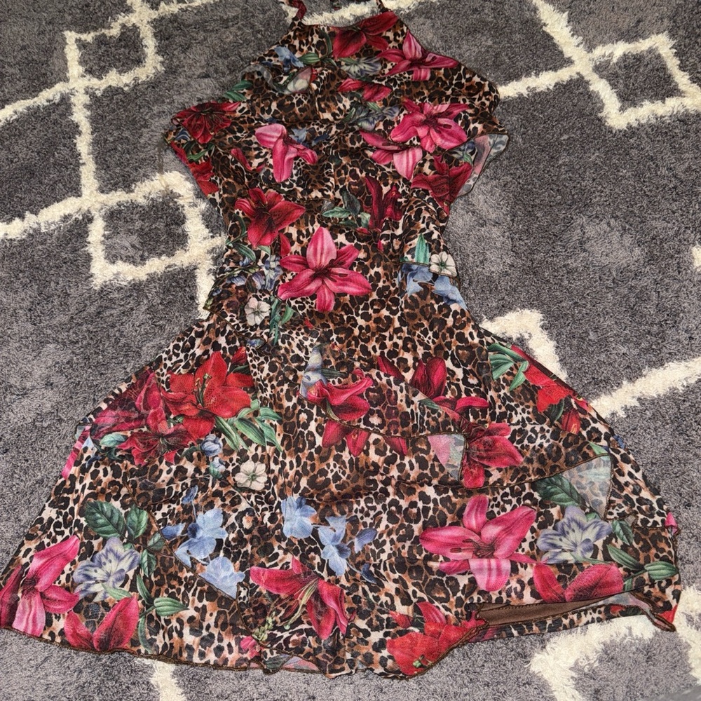 Madden Girl Floral and Leopard Print Dress - Red and Brown